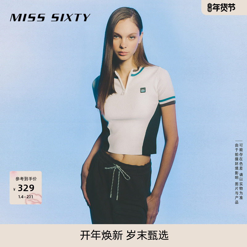 Miss Sixty针织衫圆领短袖撞色拼接条纹美式运动风毛衣