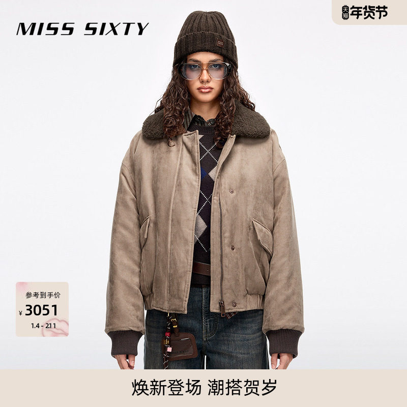 Miss Sixty2025冬季新款夹棉外套女毛绒翻领宽松复古巴恩风夹克,女装/女士精品,短外套,淘宝优惠券,粉丝福利购,淘宝优惠卷