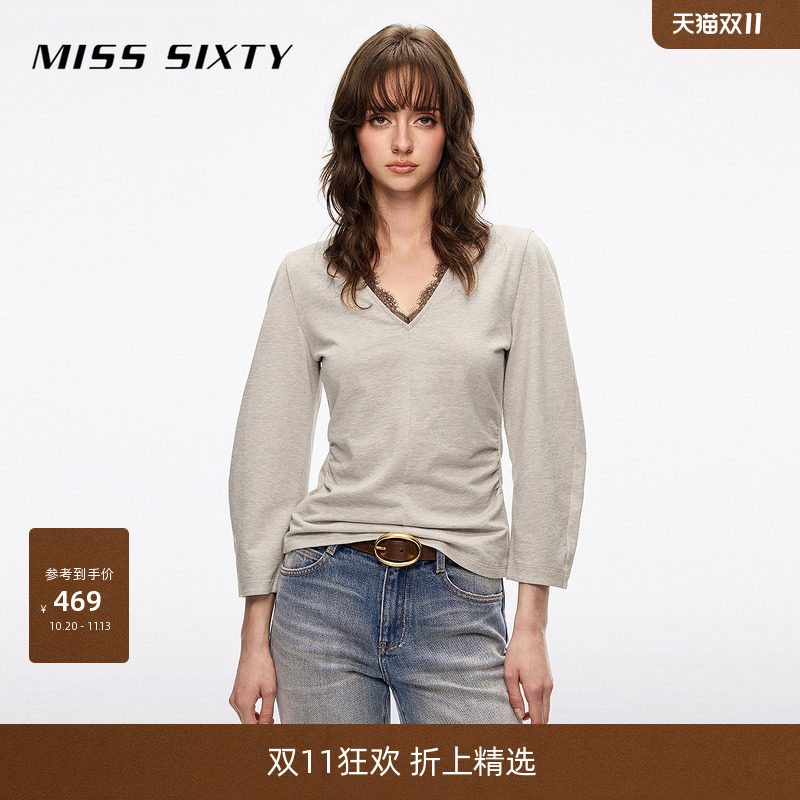 Miss Sixty2026秋季新款T恤女V领九分袖蕾丝拼接收褶
