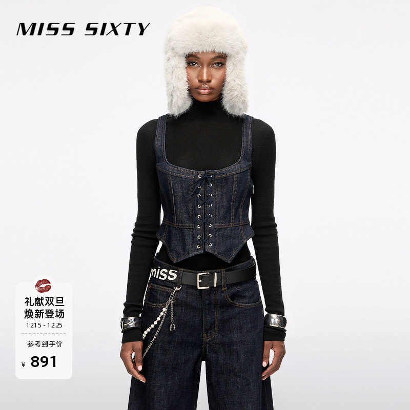 Miss Sixty2025冬季新款牛仔马甲背心女复古系带胸衣拉