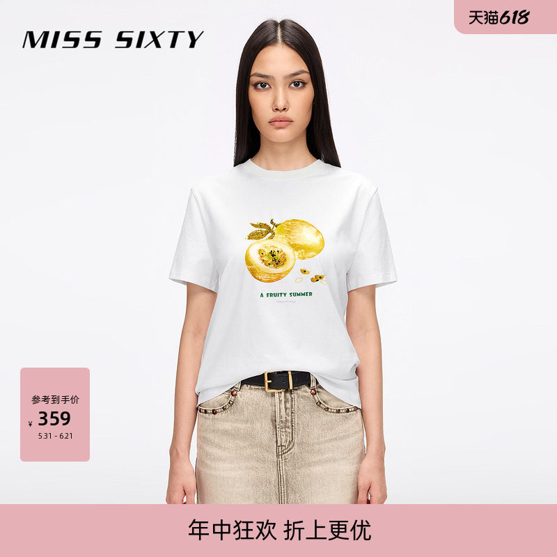 Miss Sixty2026夏季T恤女重工钉珠撞色水果印花短袖圆领上衣时尚
