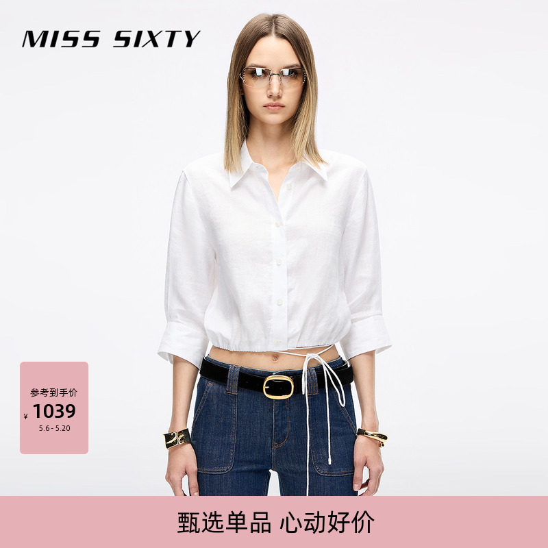 【亚麻】Miss Sixty2026春季衬衫女翻领七分袖抽绳系带
