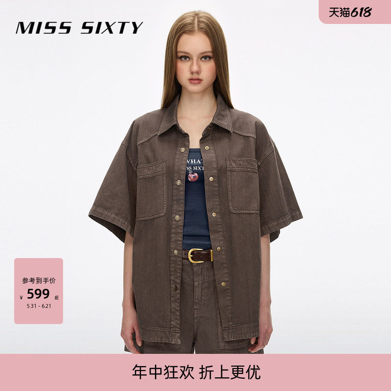Miss Sixty2026夏季新款牛仔衬衫女翻领五分袖宽松落肩复古深啡色