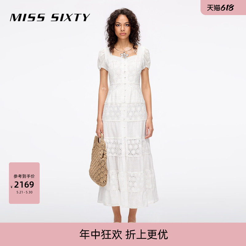 Miss Sixty夏季白色连衣裙女气质镂空绣花A字裙波西米亚度