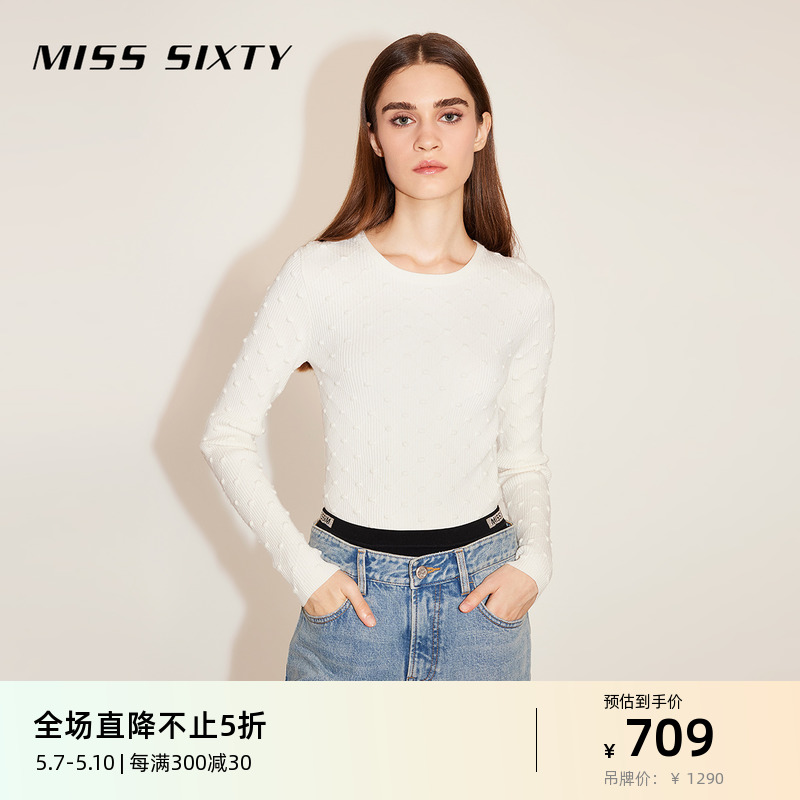 Miss Sixty针织衫女气质圆领菱形提花慵懒氛围感奶白软糯打底衫 女装/女士精品 毛针织衫 原图主图