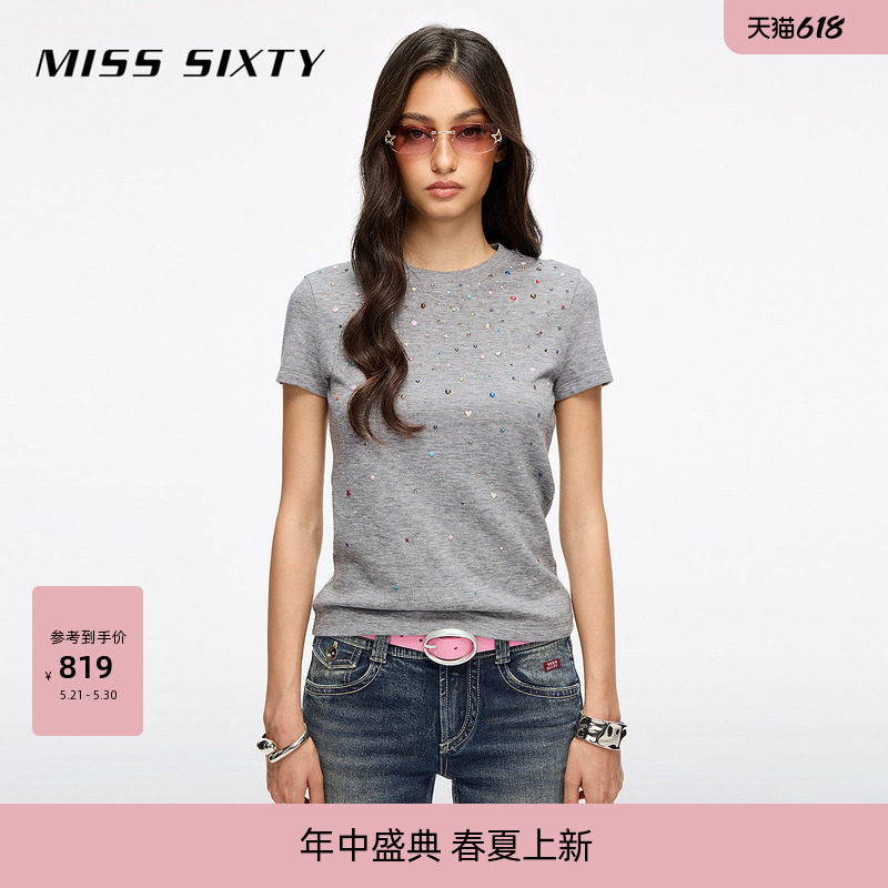 Miss Sixty2026春季新款短袖羊毛T恤女轻奢多彩烫钻甜