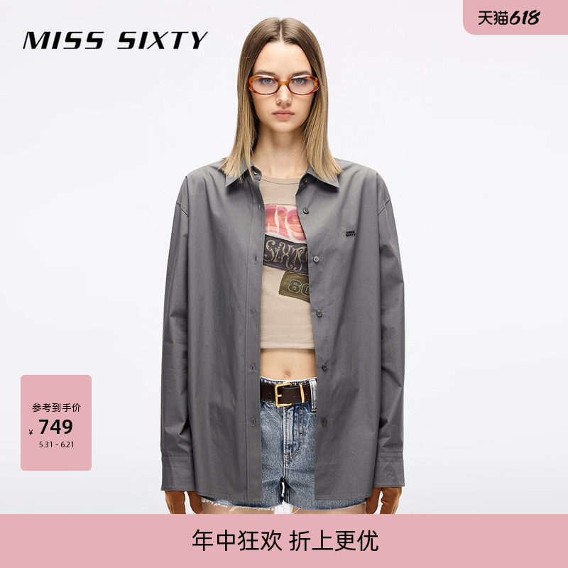 Miss Sixty秋季长袖棉质衬衫女刺绣设计宽松中长款纯色外搭上衣