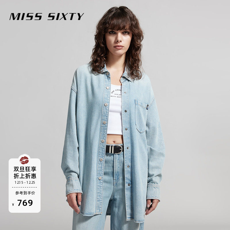 Miss Sixty春夏含莱赛尔牛仔衬衫显瘦女长袖翻领浅蓝淡人穿
