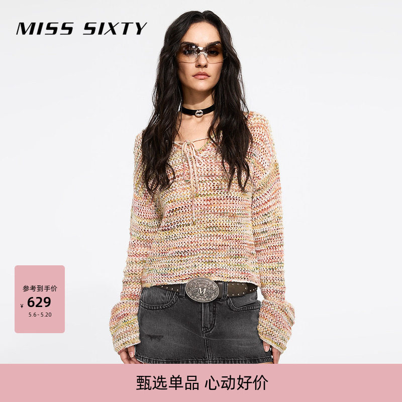 Miss Sixty2026春季长袖针织衫V领系带段染花式纱短款