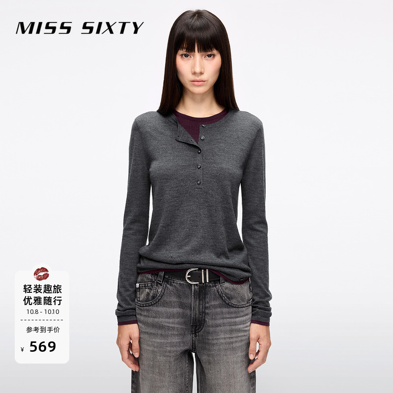 Miss Sixty2025春秋新款针织衫女假两件撞色上衣羊毛桑蚕丝混纺