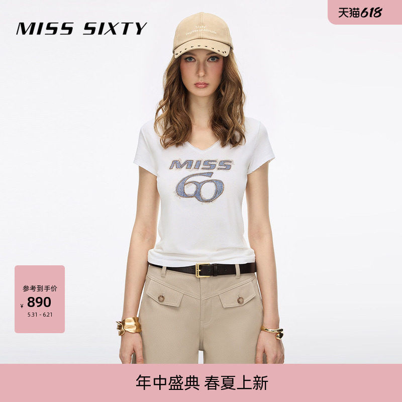 【含汉麻】Miss Sixty26夏季新款短袖T恤女V领徽标修身短款薄上衣