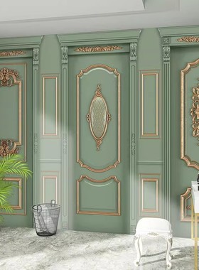 欧式浮雕壁画墨绿色石膏线壁纸3d立体墙布巴洛克直播电视背景墙纸