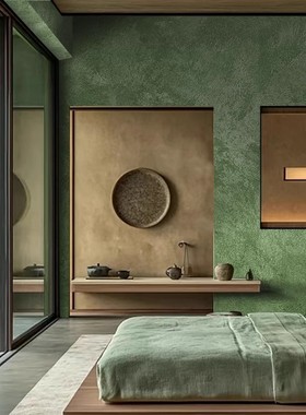 复古壁纸中古风高级感芥末绿色艺术漆墙布客厅卧室民宿房间墙纸