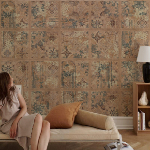 复古法式斑驳花纹墙纸中古风瓷砖纹理墙布民宿房间卧室酒店3d壁纸