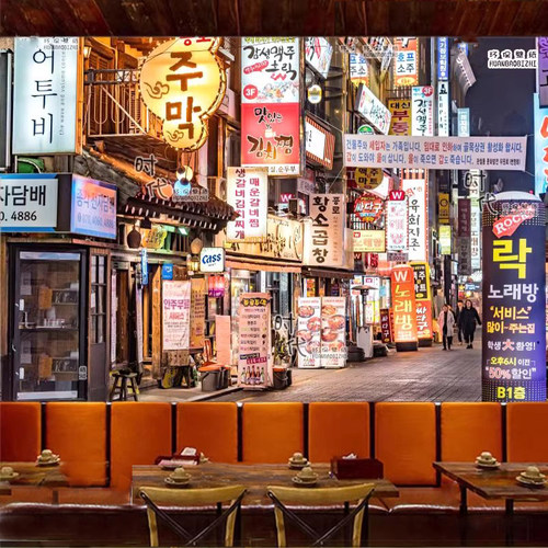 韩式建筑街景壁纸韩料烤肉店泡菜火锅餐厅韩国街头夜景料理店墙纸