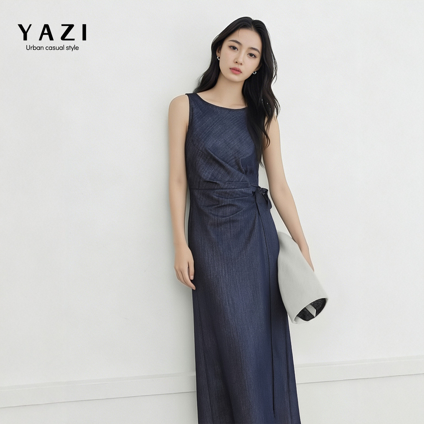 老钱风仿牛仔绑带无袖连衣裙女2026夏季新款收腰遮胯显瘦通勤长裙
