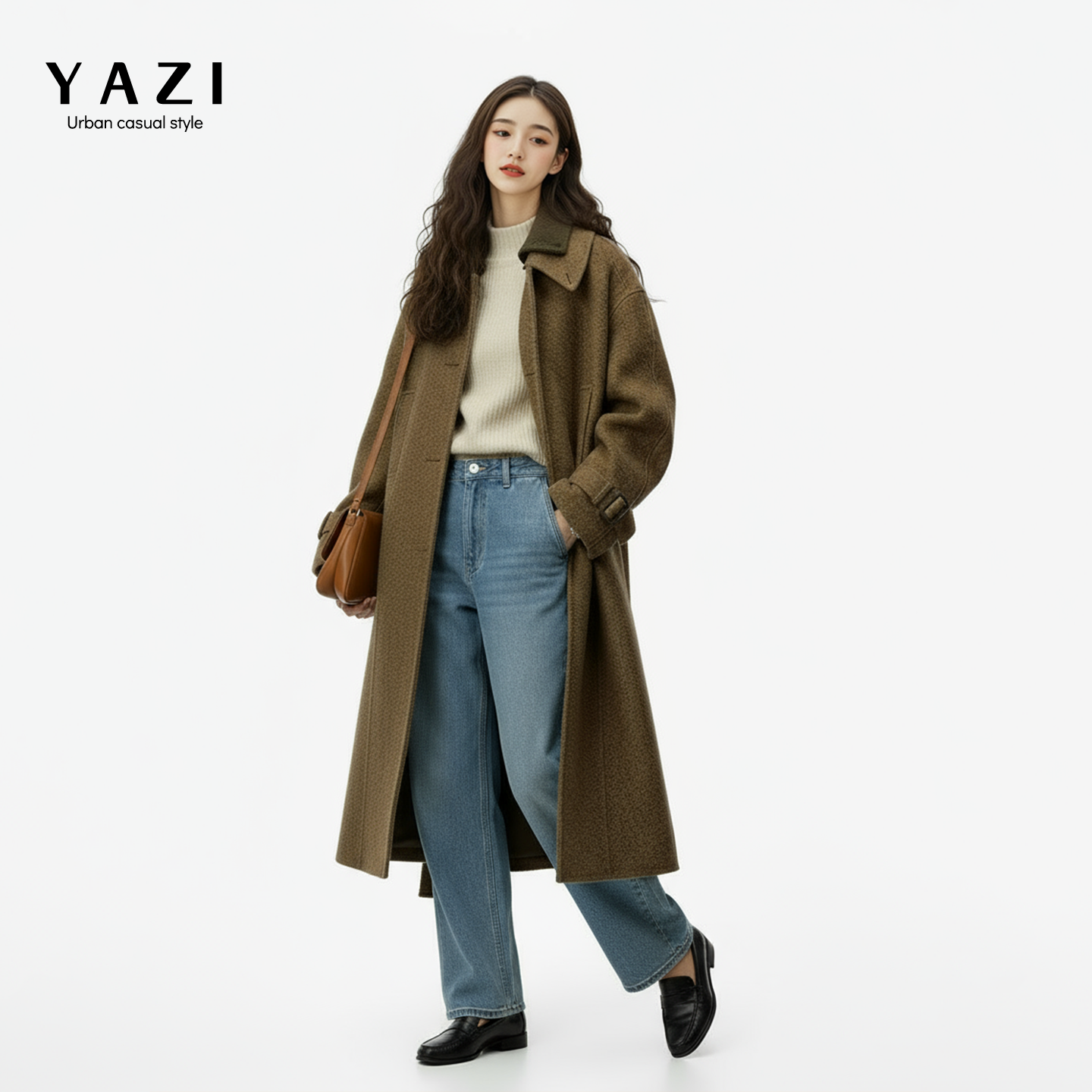 复古棕色毛呢中长款大衣宽松显瘦