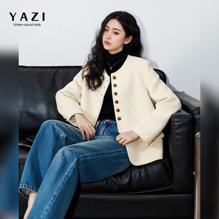 复古米白圆领双面羊毛呢外套女短款2025秋冬新款宽松显瘦呢子外套