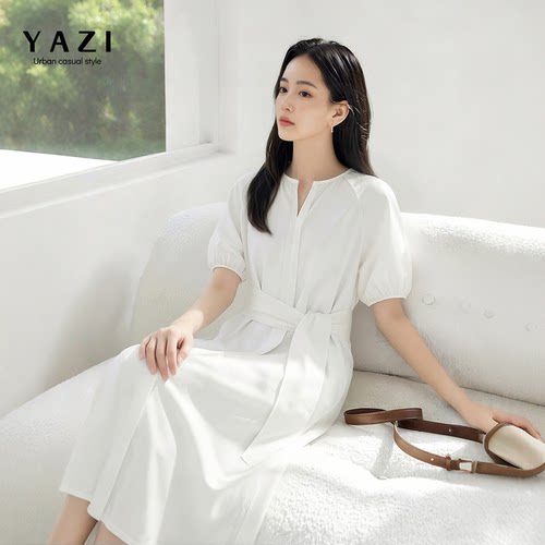 法式松弛感白色衬衫连衣裙女2026夏V领系带收腰显瘦通勤A字长裙