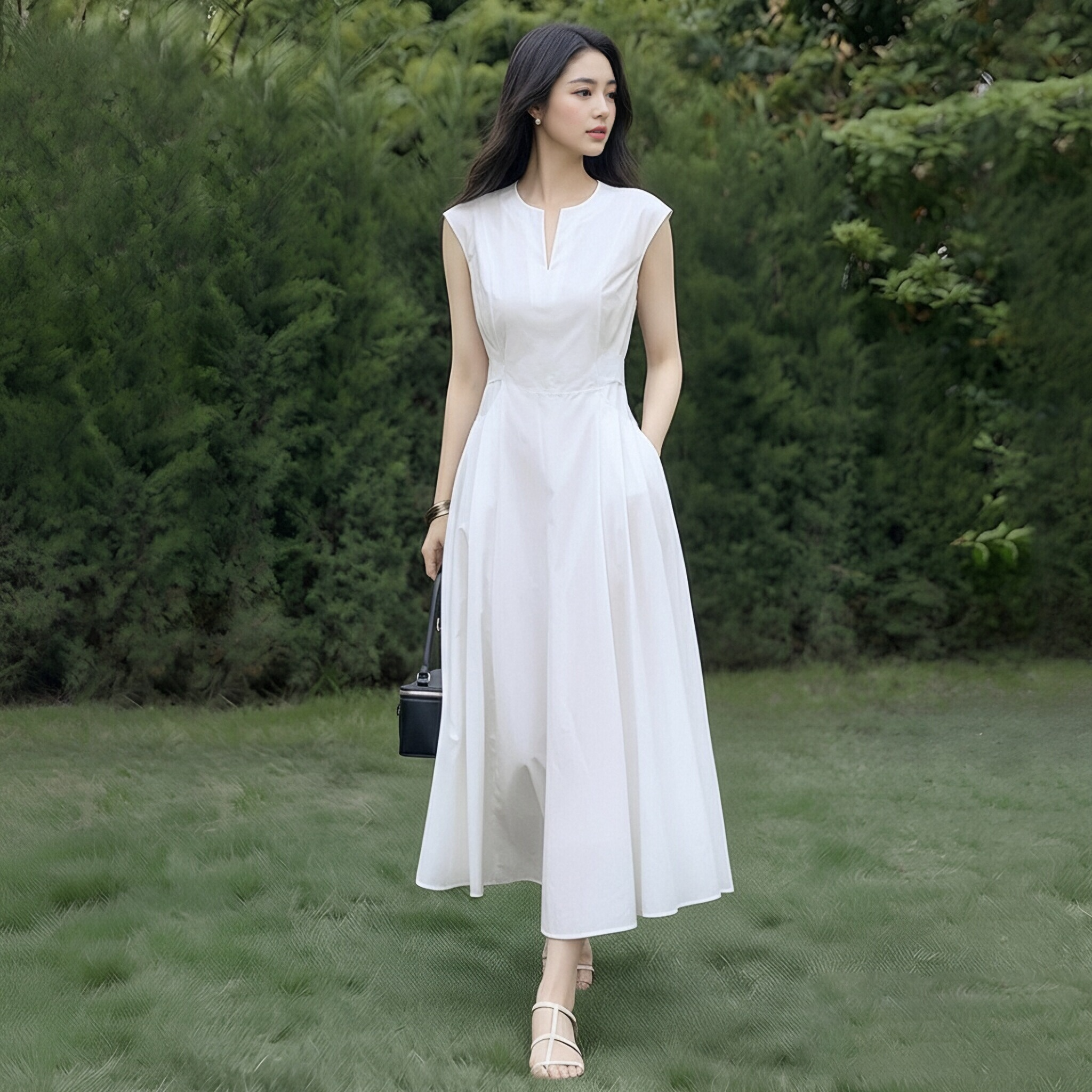 法式优雅白色连衣裙女2026夏新款V领收腰显瘦长裙气质高级感通勤