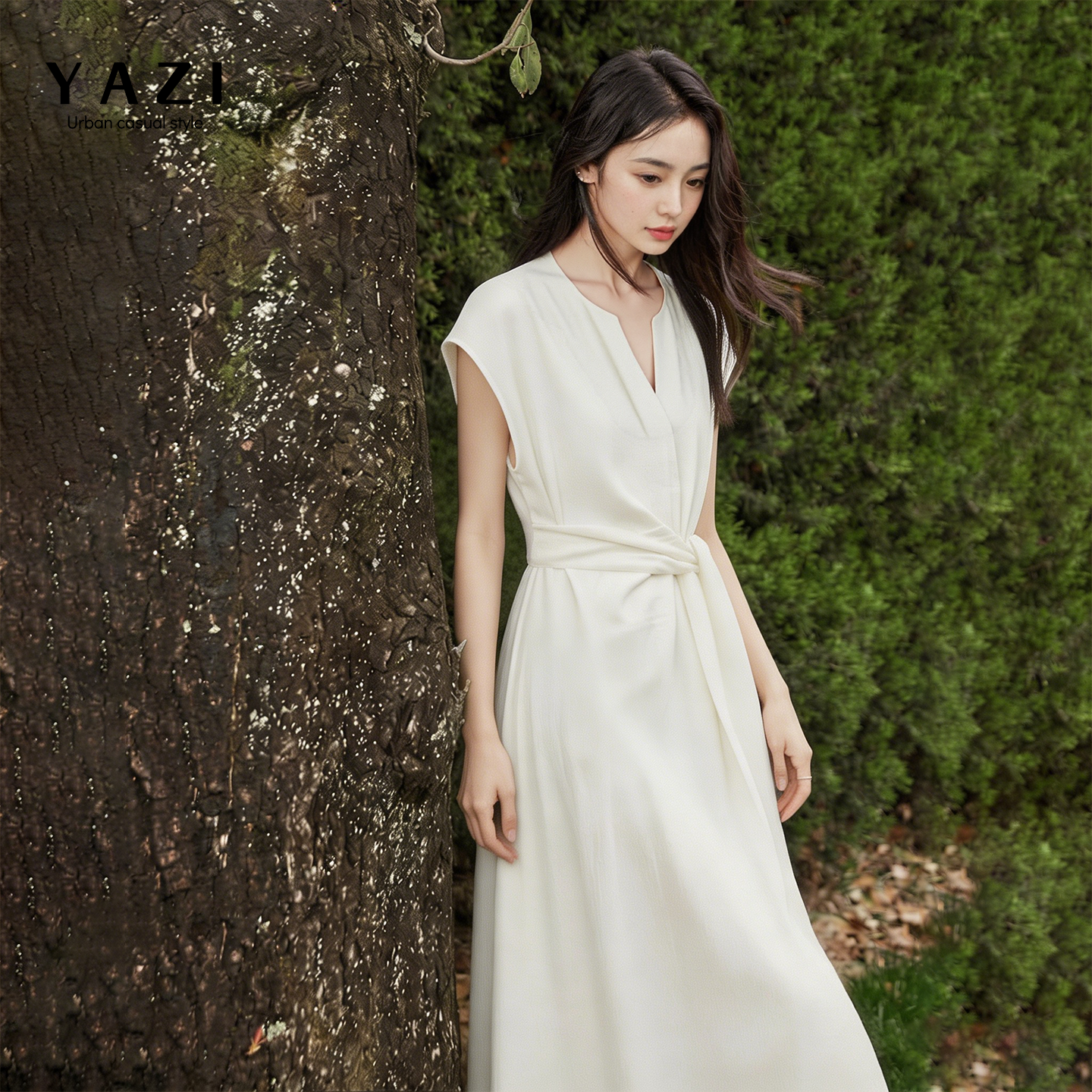 莱赛尔亚麻白色连衣裙女2026夏新款法式气质V领扭结收腰显瘦长裙