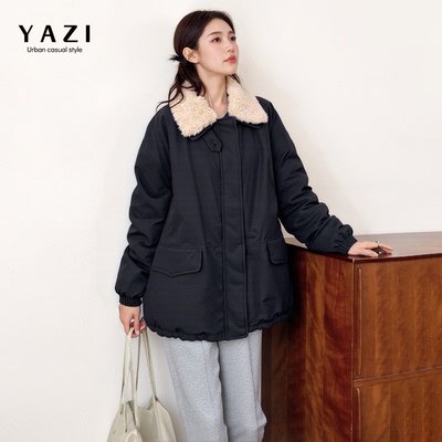 黑色羊羔毛领通勤中长款羽绒服女