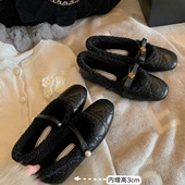 女一字带珍珠百搭毛毛单鞋 羊皮版 3cm增高小香风菱格加绒玛丽珍鞋