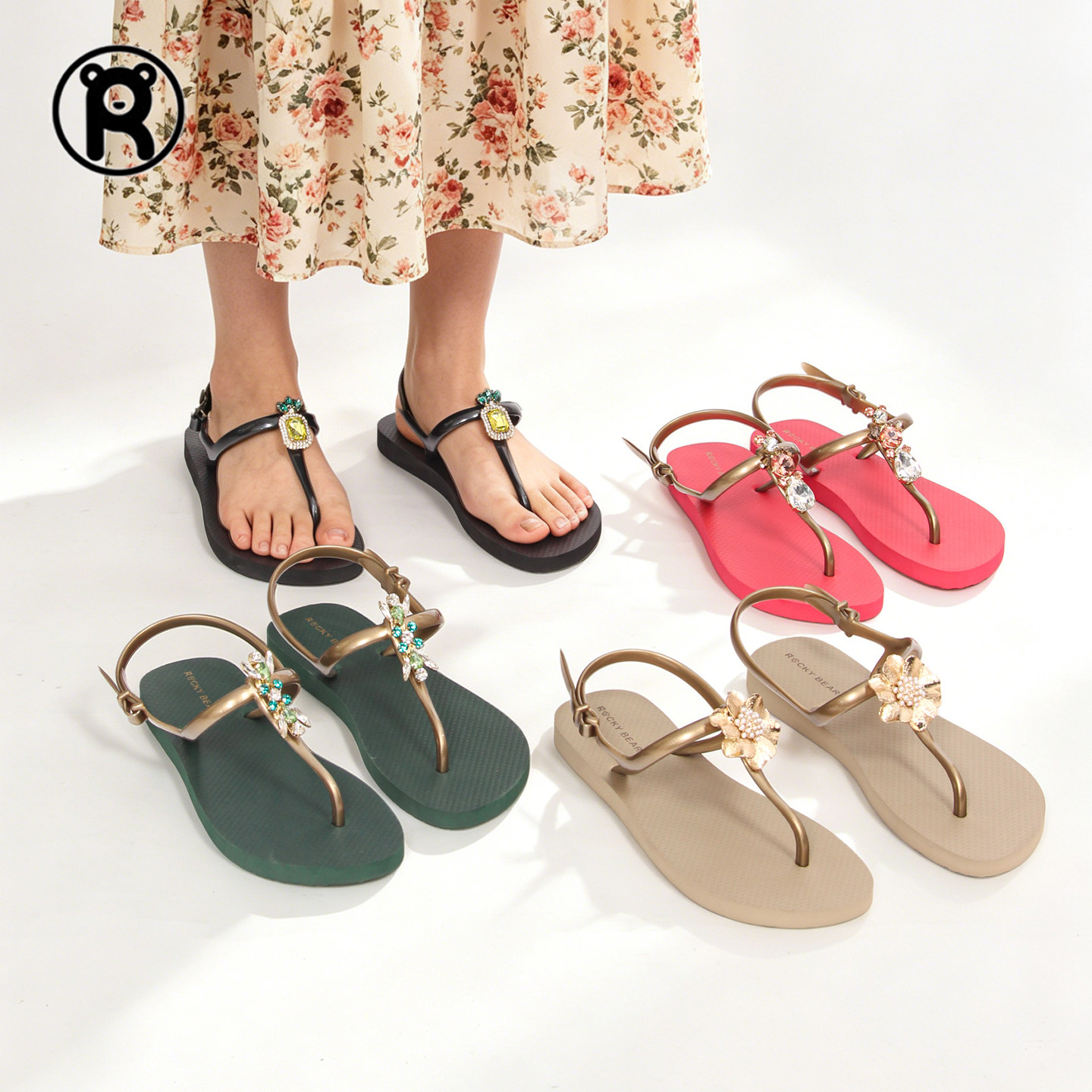 新款奥地利水钻凉鞋女士夏季夹趾一字带外穿平底人字拖沙滩凉鞋女