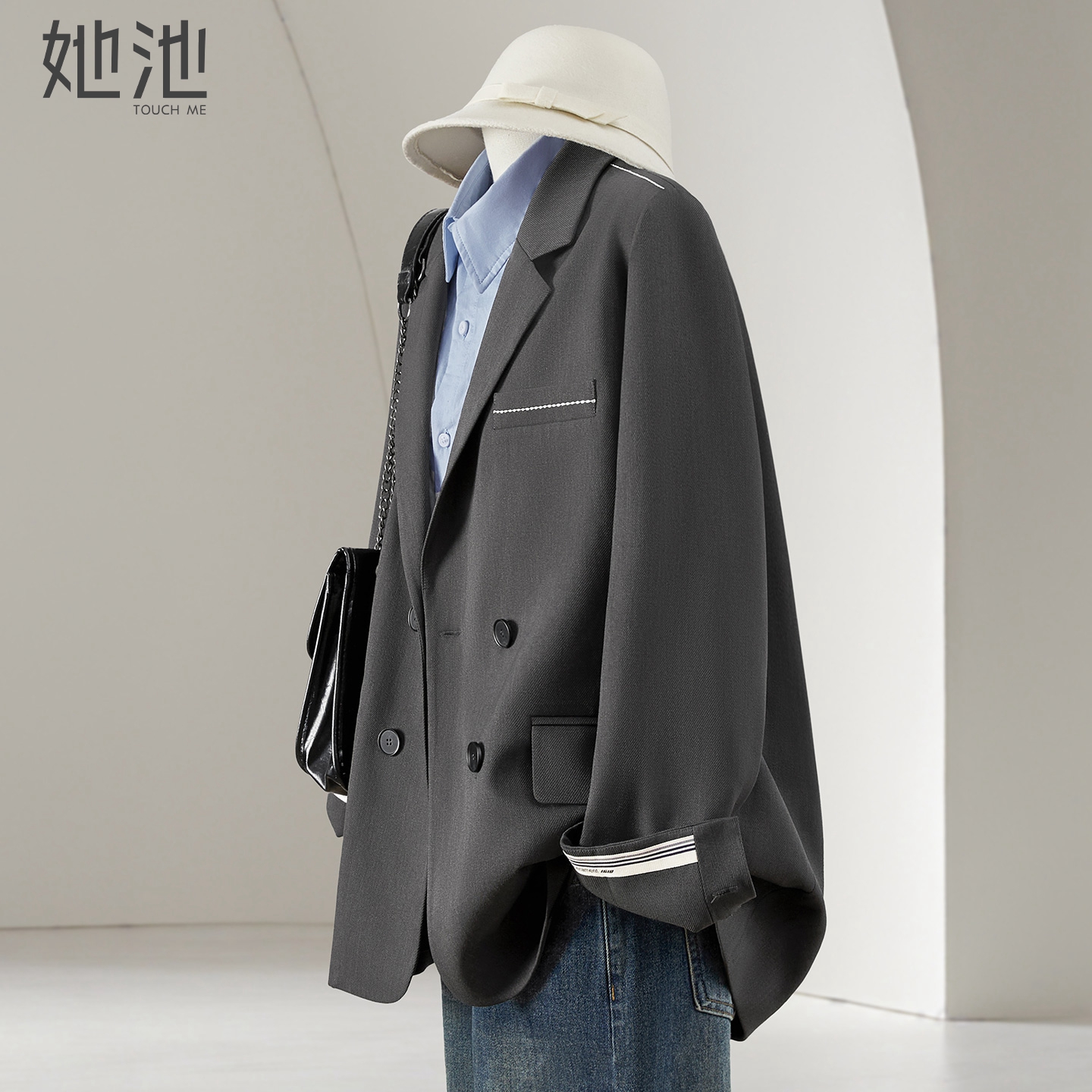 她池翻领中长款通勤长袖西装外套