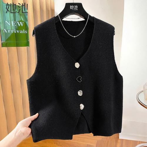 她池V领单排扣宽松款针织马夹