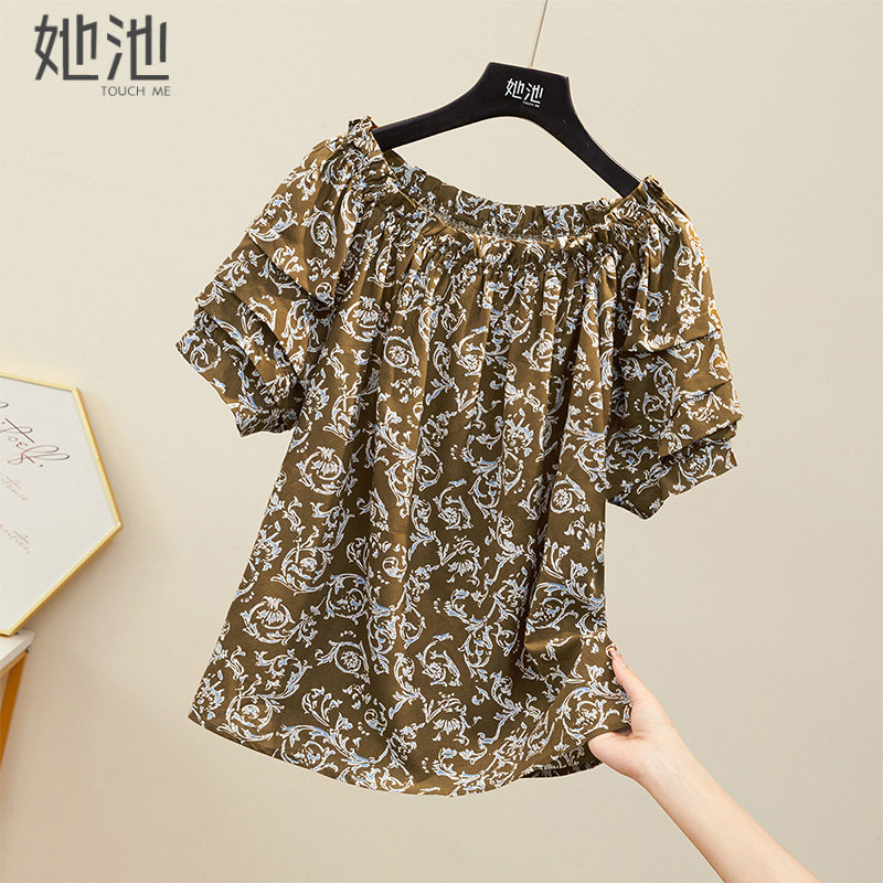 她池印花衬衫2026夏装新款女装时尚宽松遮肉碎花木耳边短袖上衣