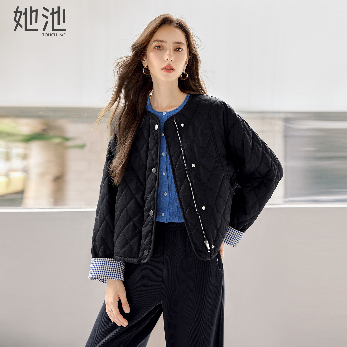 她池宽松款圆领短款棉服外套