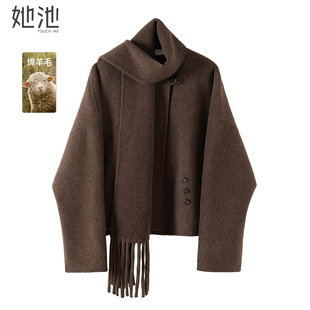 新款 双面呢短款 女装 圆领宽松款 上衣 时尚 她池绵羊毛外套2025冬装