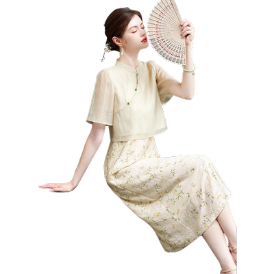 她池复古立领上衣吊带裙两件套