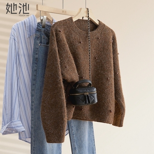 女装 新款 时尚 钉珠圆领落肩长袖 上衣 她池宽松款 短款 毛衣2025冬装