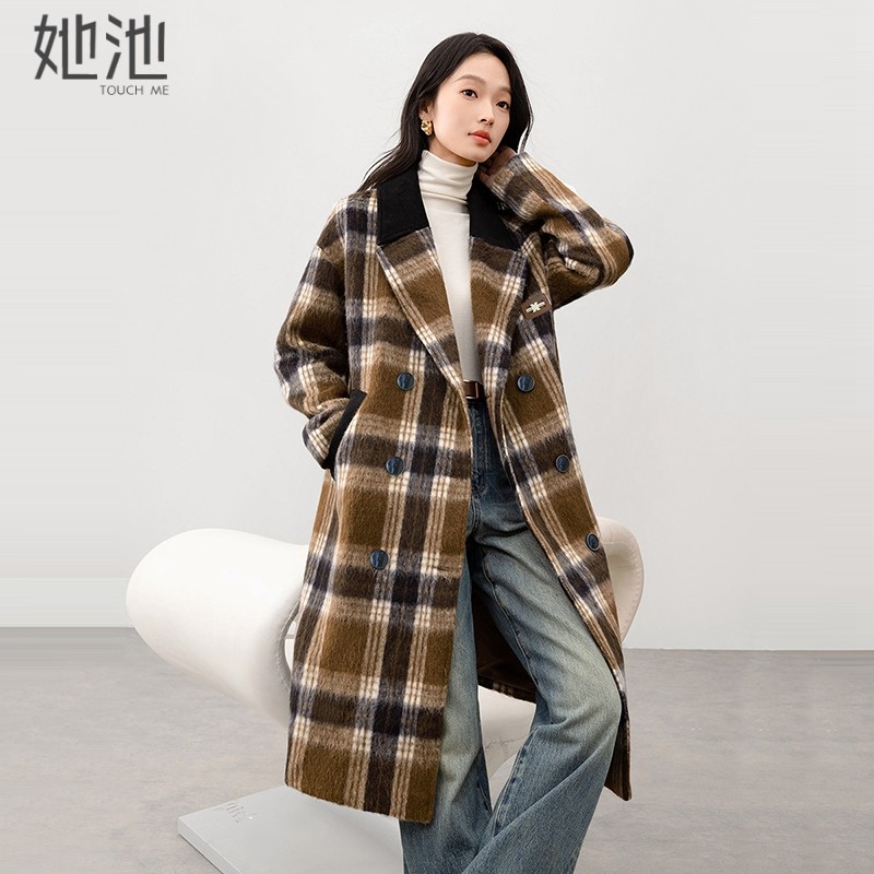 她池翻领大衣2025冬装新款女装复古格子宽松款双排扣中长款外套,女装/女士精品,毛呢外套,淘宝优惠券,粉丝福利购,淘宝优惠卷