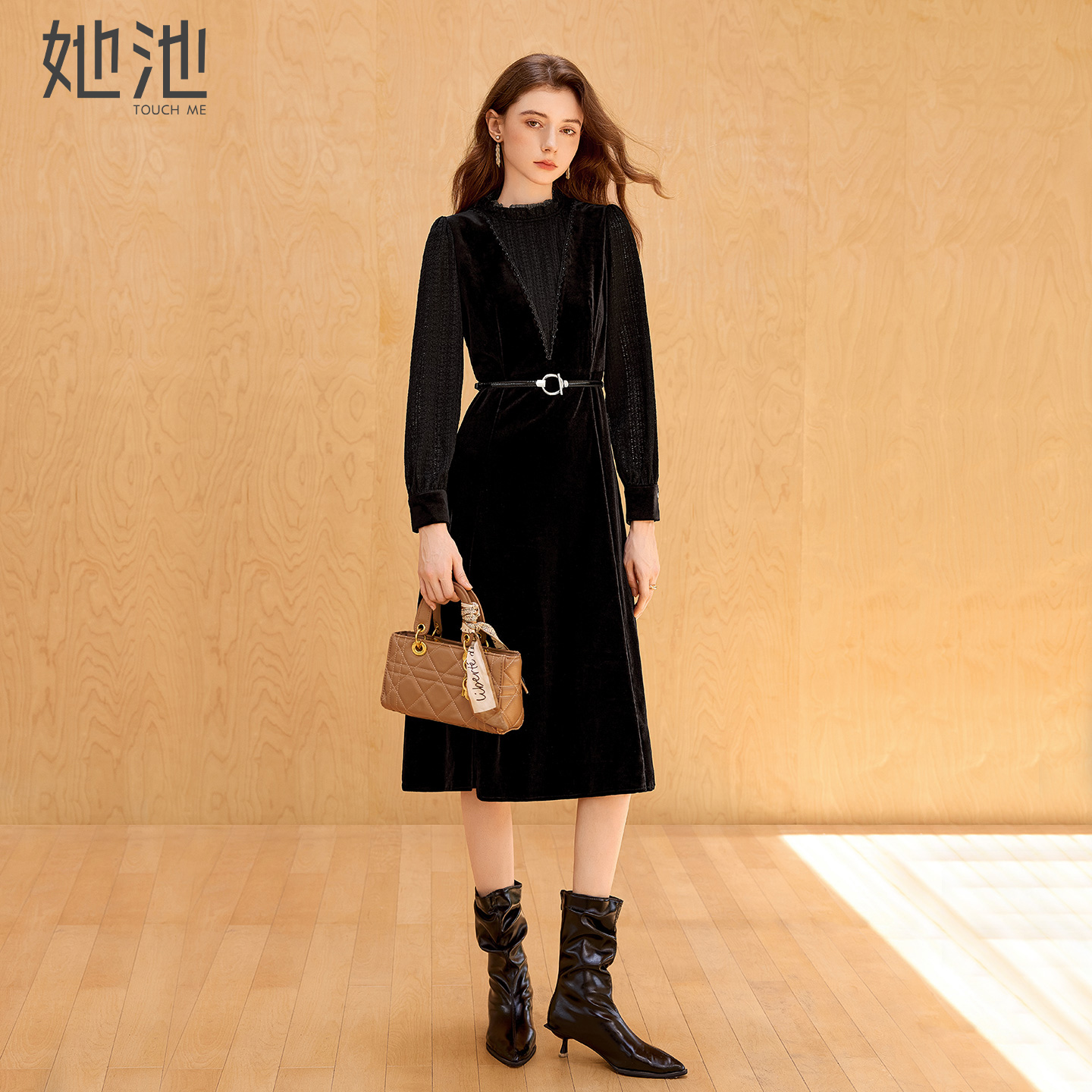 她池气质连衣裙2025秋装新款女装修身显瘦长袖拼接木耳边中长裙