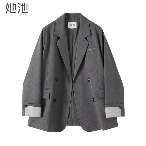 她池双排扣中长款通勤西装外套