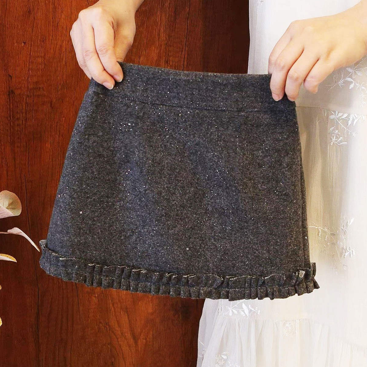 女童秋冬毛呢半身裙高腰荷叶边A字短裙学生加绒内衬防走光公主裙