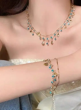 现货海的女儿蓝色锆石金色贝壳项链百搭手链小众设计高级感轻奢
