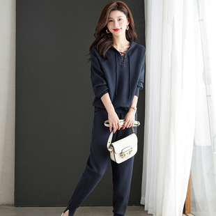 今年流行特惠纯色卫衣休闲运动套装女士秋装长袖连帽针织运动服