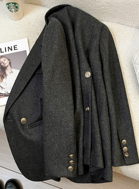 今年流行特惠灰色复古高端毛呢西装外套女2025新款秋冬设计感休闲