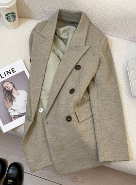 今年流行特惠2025秋冬新款绿色高级感毛呢西装外套女复古慵懒风