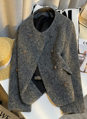 今年流行特惠灰色新款ins风韩版独特超火毛呢小香风外套女2025