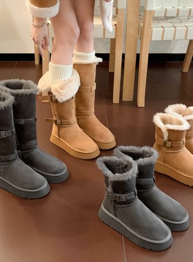 今年流行特惠法式厚底灰色雪地靴女2025冬季新款加厚绒增高搭扣