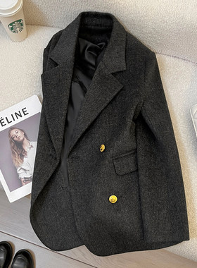 今年流行特惠深灰色设计感毛呢西装外套女2025新款冬季高级韩版
