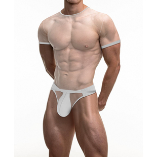 网纱打底衫薄纱男透明短袖夏季超薄透气肌肉健身运动性感夜店风