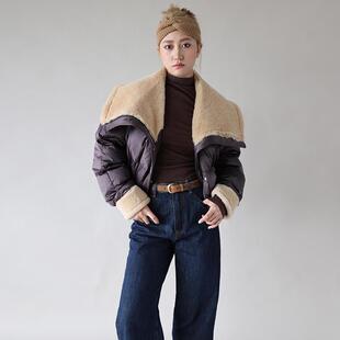 咖色羊羔毛皮毛一体大翻领羽绒服白鹅绒加厚 2024新款冬季外套