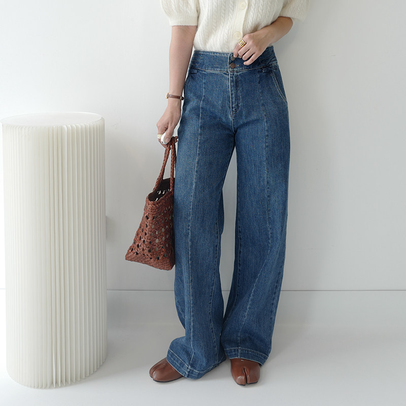 复古高腰牛仔裤女春秋新款宽松显瘦百搭直筒垂感阔腿拖地长裤子