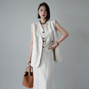 法式小香风轻熟原色亚麻西装马甲阔腿裤通勤气质直筒裙套装女